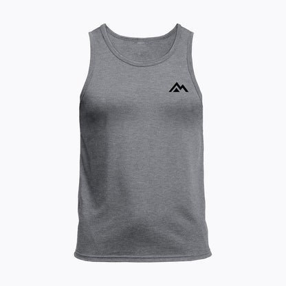 The REP Fitness Men's Peak Tri-Blend Tank in Heather Aluminum/Black front, flat lay