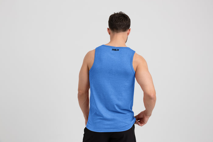 The REP Fitness Men's Peak Tri-Blend Tank in Heather Azure/Navy back
