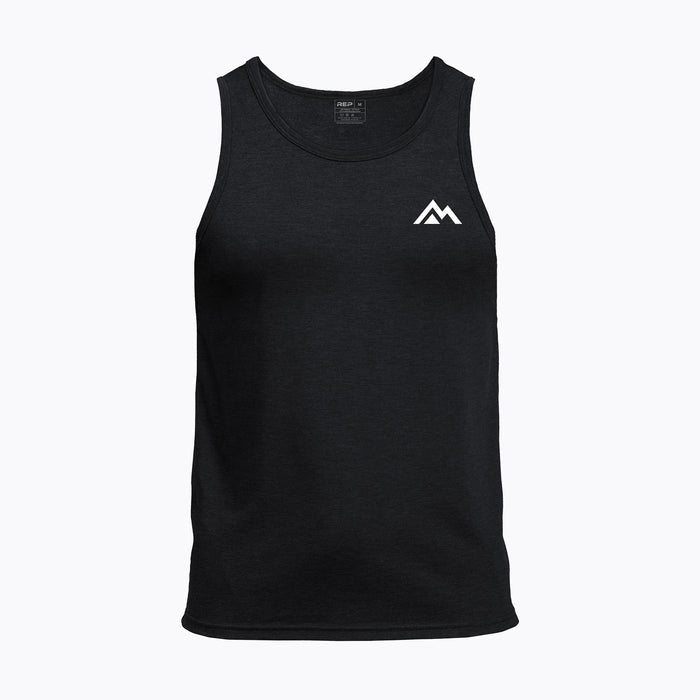 The REP Fitness Men's Peak Tri-Blend Tank in Heather Black/White front, flat lay