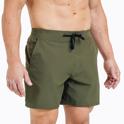 The REP Fitness Men's Pinnacle Shorts in Olive on body