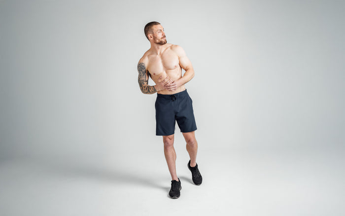 The REP Fitness Men's Pinnacle Shorts in Navy on body, front view