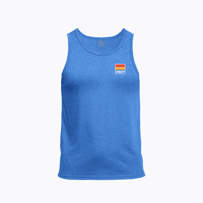 The REP Fitness Men's Rise Tri-Blend Tank in Heather Azure/Red front