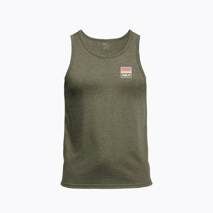 The REP Fitness Men's Rise Tri-Blend Tank in Heather Olive/Red front, flat shot