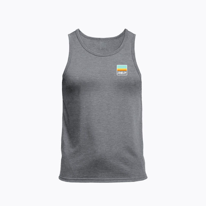 The REP Fitness Men's Rise Tri-Blend Tank in Heather Aluminum/Blue front