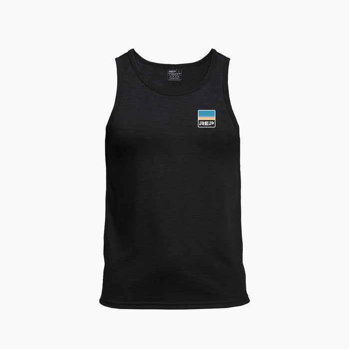 The REP Fitness Men's Rise Tri-Blend Tank in Heather Black/Blue front, flat shot