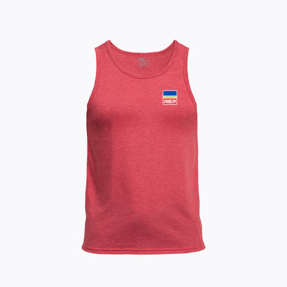 The REP Fitness Men's Rise Tri-Blend Tank in Heather Red/Blue front, flat shot