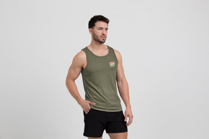 The REP Fitness Men's Rise Tri-Blend Tank in Heather Olive/Red on body