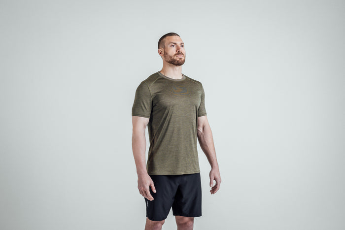 The REP Fitness Men's Sigmatech Shirt in Heather Olive 3/4 angle