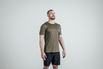 The REP Fitness Men's Sigmatech Shirt in Heather Olive 3/4 angle