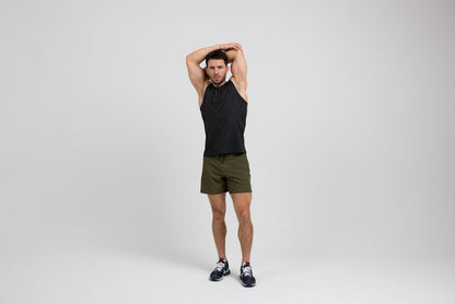 The REP Fitness Men's Solis Muscle Tee in Black front, arms overhead stretch