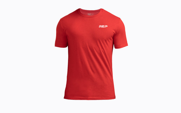 The REP Fitness Men's USA Tri-Blend Crew T-Shirt in Heather Red/White front, flat lay