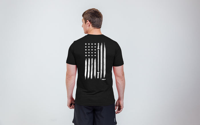 The REP Fitness Men's USA Tri-Blend Crew T-Shirt in Heather Black/White back, lifestyle shot