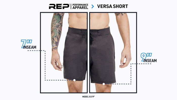 The REP Fitness Men's Versa Shorts in Heather Black on body, inseam length comparison