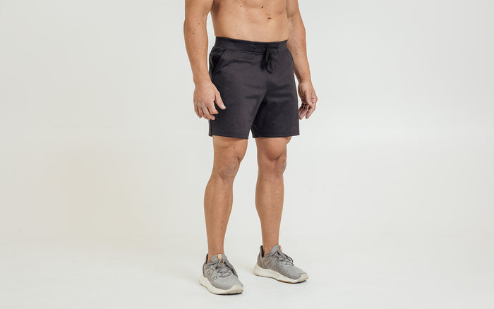 The REP Fitness Men's Versa Shorts in Heather Black on body