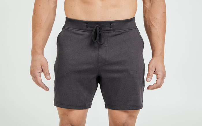 The REP Fitness Men's Versa Shorts in Heather Black on body