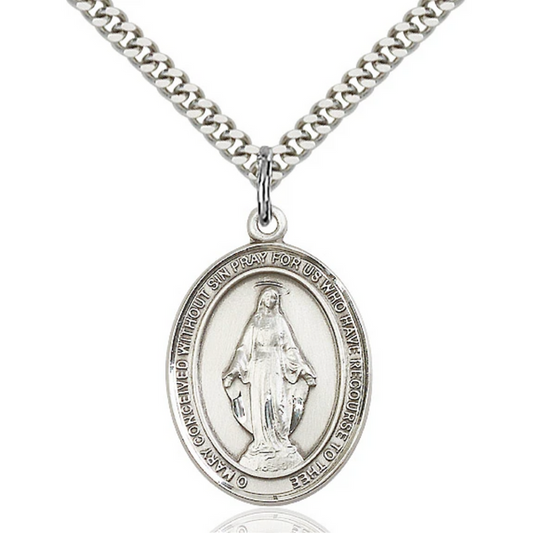 Miraculous Medal Necklace Sterling Silver 24"