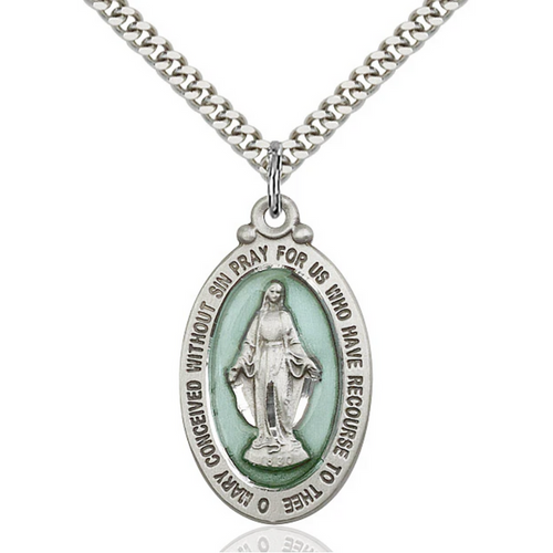 Miraculous Medal Necklace Sterling Silver 24"