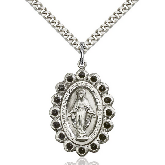 Miraculous Medal Necklace Sterling Silver 24"