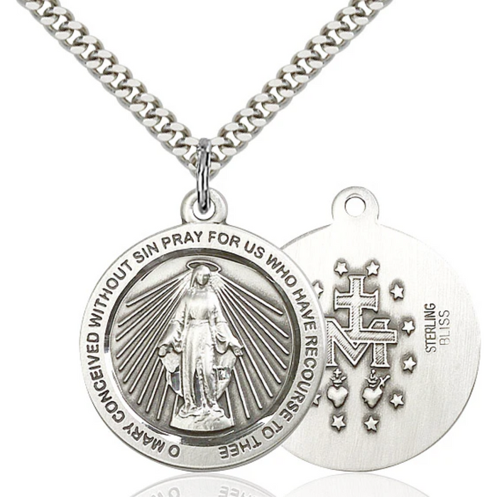 Miraculous Medal Necklace Sterling Silver 24"