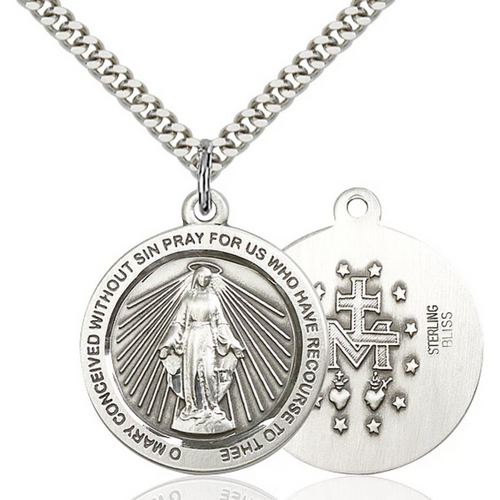 Miraculous Medal Necklace Sterling Silver 24"