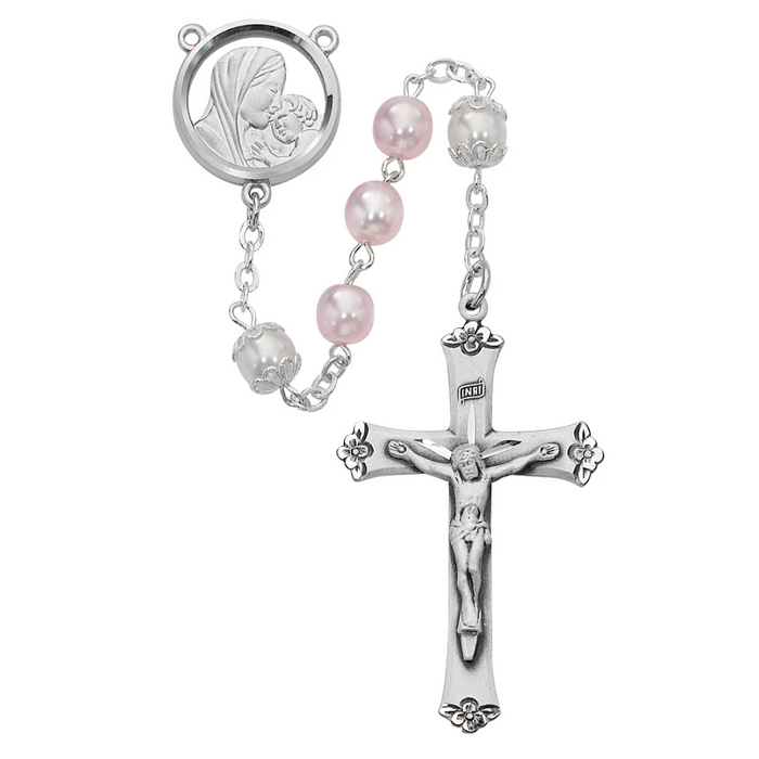 Mother and Child Rosary - Pink and White Boxed