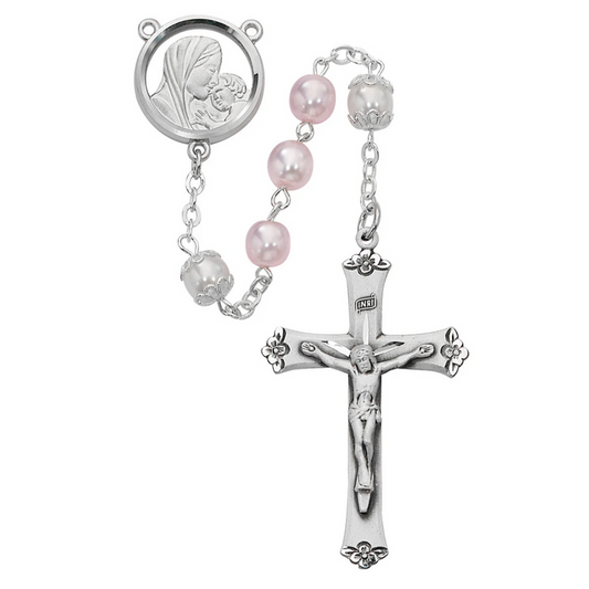 Mother and Child Rosary - Pink and White Boxed