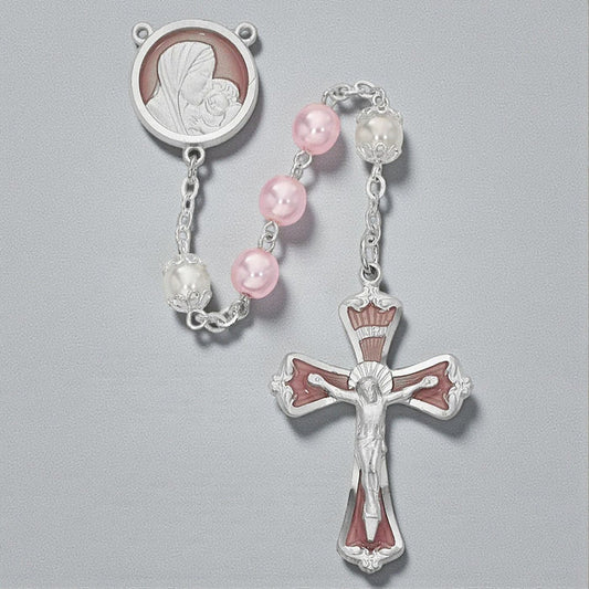 Mother and Child Rosary - Pink Pearl like  Glass Rosary Boxed
