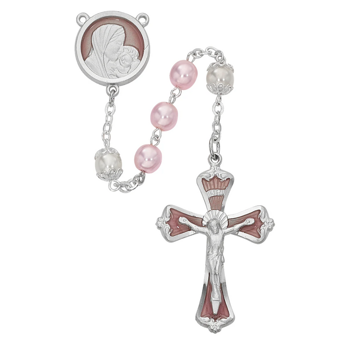 Mother and Child Rosary - Pink Pearl like  Glass Rosary Boxed