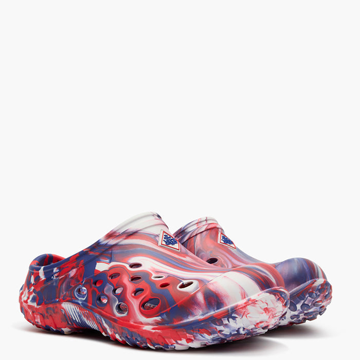 Marbled red, white, and blue american swirl shoes on a white background
