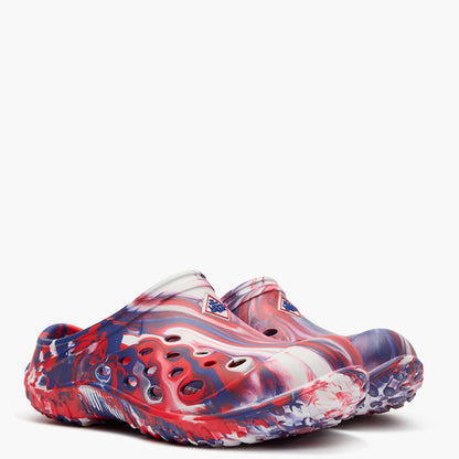 Marbled red, white, and blue american swirl shoes on a white background