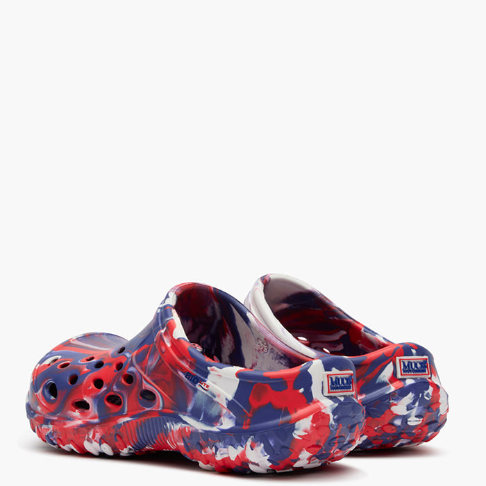 Colorful clogs with a abstract pattern on a white background
