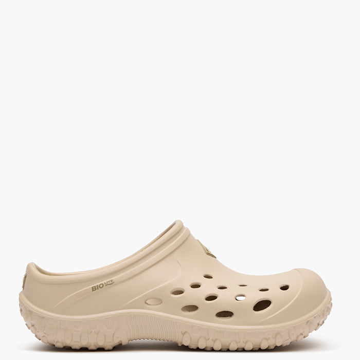 Beige clog shoe on a white background