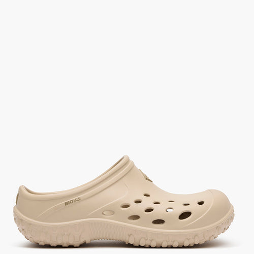 Beige clog shoe on a white background