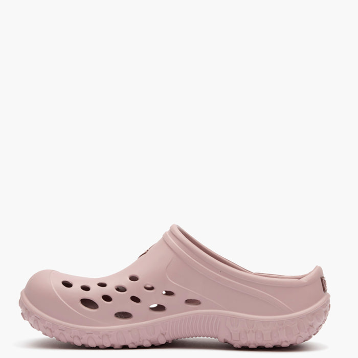Single light pink clog shoe on a white background