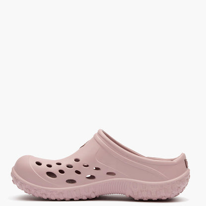 Single light pink clog shoe on a white background