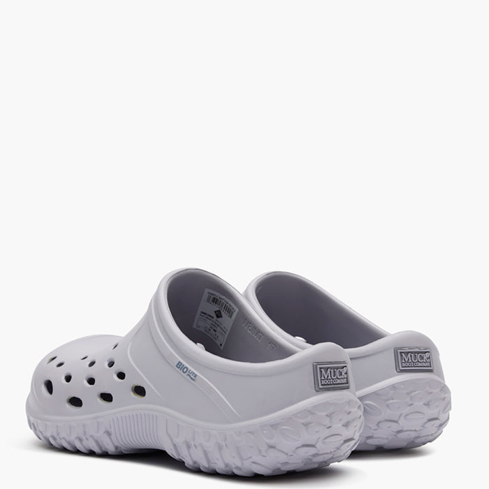 Pair of gray clogs on a white background