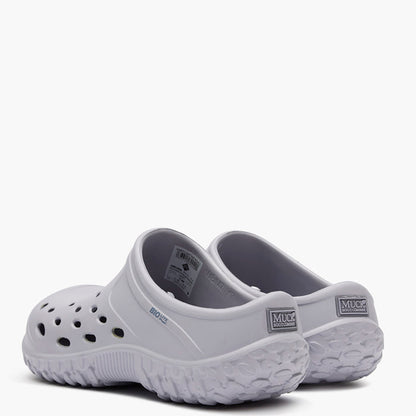 Pair of gray clogs on a white background