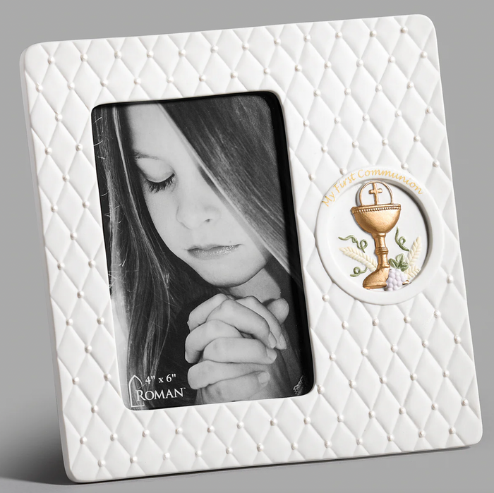 White porcelain First Communion picture frame with a gold-painted chalice emblem for a 4x6 inch photo.