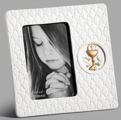 White porcelain First Communion picture frame with a gold-painted chalice emblem for a 4x6 inch photo.