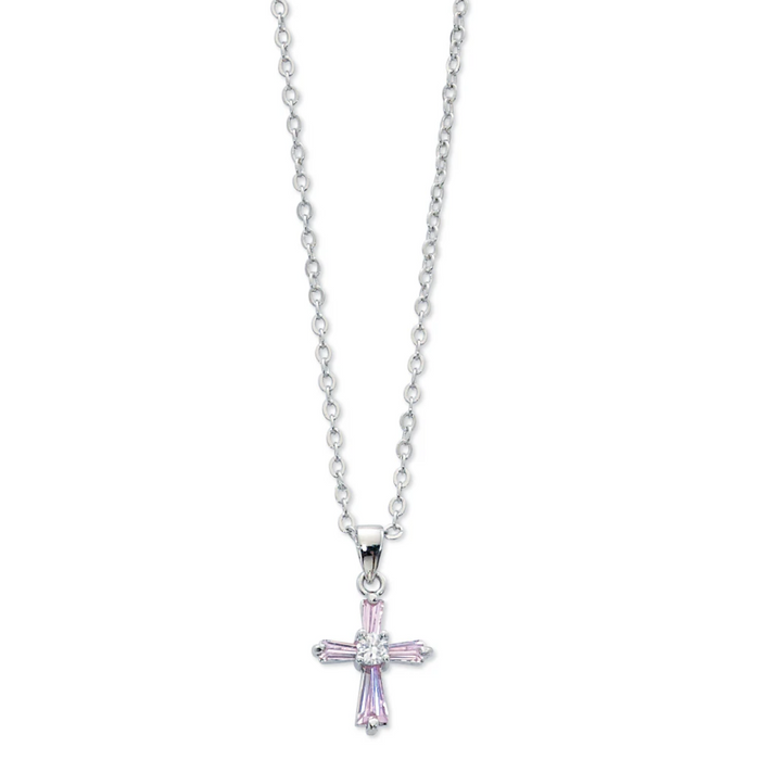 Necklace - Pink cubic zirconia Cross, 16in Chain, Box