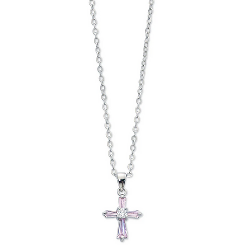 Necklace - Pink cubic zirconia Cross, 16in Chain, Box