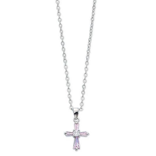 Necklace - Pink cubic zirconia Cross, 16in Chain, Box
