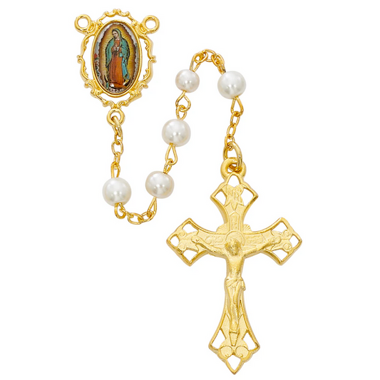 Our Lady of Guadalupe Rosary - Pearl like Glass Boxed