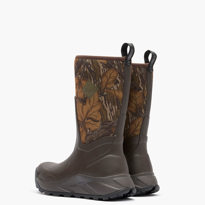 Pair of camouflage-patterned rubber Muck boots on a white background