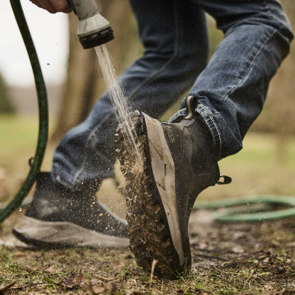 A person outdoors rinses a pair of dark hiking boots with a garden hose spray nozzle, with water spraying onto the sole of the front boot. The person is wearing blue jeans, and the ground is muddy with grass and leaves.