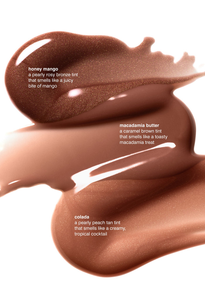 honey mango a pearly rosy bronze tint that smells like a juicy bite of mango, macadamia butter a caramel brown tint that smells like a toasty macadamia treat, colada a pearly peach tan tint that smells like a creamy, tropical cocktail