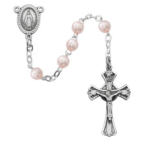 Pink Glass Youth Rosary, Sterling Silver