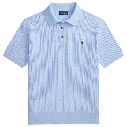 Polo Ralph Lauren Cable-Knit Cotton Polo-Collar Jumper - Office Blue