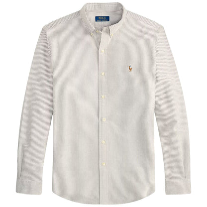 Polo Ralph Lauren Custom Fit Striped Oxford Shirt - Nutmeg Brown/White