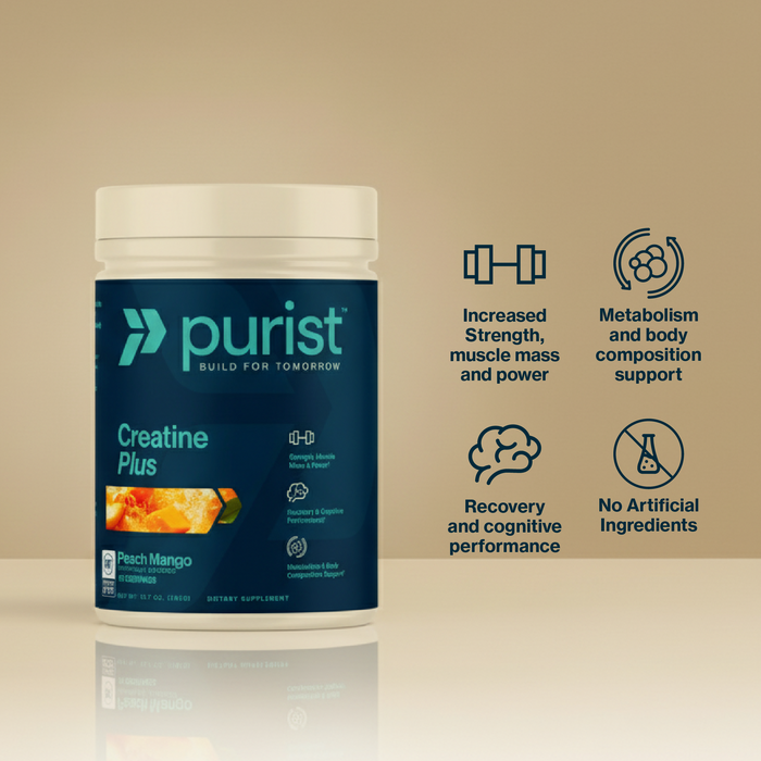 Purist Creatine Plus supplement container on a reflective surface with text about product benefits.